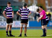 4 March 2025; Referee Padraic Reidy speaks to Terenure College players during the Bank of Ireland Leinster Schools Senior Cup semi-final match between St Fintan's High School and Terenure College at Energia Park in Dublin. Photo by Shauna Clinton/Sportsfile