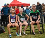 8 March 2025; Lily Walsh, left, of Loreto Mullingar, Aoife Murphy of Loreto Foxrock and Beth Reamsbottom of Santa Sabina after competing in the Junior Girls 2,500m during the 123.ie All Ireland Schools Cross Country Championships at Galway Racecourse in Ballybrit, Galway. Photo by Tom Beary/Sportsfile