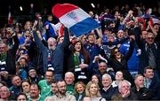 8 March 2025; France supporters celebrate during the Guinness Six Nations Rugby Championship match between Ireland and France at the Aviva Stadium in Dublin. Photo by David Fitzgerald/Sportsfile