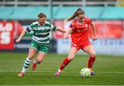 8 March 2025; Aoibheann Clancy of Shelbourne in action against Jaime Thompson of Shamrock Rovers during the SSE Airtricity Women's Premier Division match between Shelbourne and Shamrock Rovers at Tolka Park in Dublin. Photo by Stephen McCarthy/Sportsfile