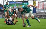 8 March 2025; Jack Conan of Ireland scores his side's third try during the Guinness Six Nations Rugby Championship match between Ireland and France at the Aviva Stadium in Dublin. Photo by Brendan Moran/Sportsfile