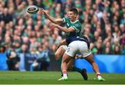 8 March 2025; Sam Prendergast of Ireland is tackled by Yoram Moefana of France during the Guinness Six Nations Rugby Championship match between Ireland and France at the Aviva Stadium in Dublin. Photo by David Fitzgerald/Sportsfile