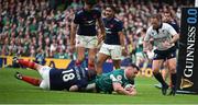 8 March 2025; Cian Healy of Ireland scores his side's second try during the Guinness Six Nations Rugby Championship match between Ireland and France at the Aviva Stadium in Dublin. Photo by David Fitzgerald/Sportsfile