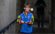 8 March 2025; Dublin supporter Sean Costigan age 9 from Naomh Barróg before the Allianz Hurling League Division 1B match between Dublin and Carlow at Parnell Park in Dublin. Photo by Stephen Marken/Sportsfile