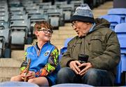 8 March 2025; Dublin supporter Sean Costigan age 9 from Naomh Barróg with his grandfather Brendan Costigan age 82 before the Allianz Hurling League Division 1B match between Dublin and Carlow at Parnell Park in Dublin. Photo by Stephen Marken/Sportsfile