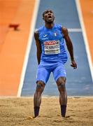 8 March 2025; Andy Díaz Hernández of Italy competes in the men's triple jump during day three of the European Athletics Indoor Championships 2025 at the Omnisport Apeldoorn in Apeldoorn, Netherlands. Photo by Sam Barnes/Sportsfile