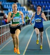 8 March 2025; Lucianne Hughes of Kilcoole AC, Wicklow, on her way to winning the women over 45 60m during the 123.ie National Masters Indoor Championships at the TUS International arena in Athlone, Westmeath. Photo by Shauna Clinton/Sportsfile