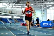 8 March 2025; Eileen O'Brien of Lucan Harriers AC, Dublin, competes in the women over 70 800m during the 123.ie National Masters Indoor Championships at the TUS International arena in Athlone, Westmeath. Photo by Shauna Clinton/Sportsfile