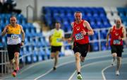 8 March 2025; Tony Corcoran of Drogheda and District AC, Louth, centre, competes in the men over 60 60m during the 123.ie National Masters Indoor Championships at the TUS International arena in Athlone, Westmeath. Photo by Shauna Clinton/Sportsfile