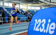 8 March 2025; Catriona Devine of Finn Valley AC, Donegal, competes in the women over 50 800m during the 123.ie National Masters Indoor Championships at the TUS International arena in Athlone, Westmeath. Photo by Shauna Clinton/Sportsfile