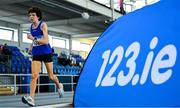 8 March 2025; Noreen Bonner of Finn Valley AC, Donegal, competes in the women over 65 1500m during the 123.ie National Masters Indoor Championships at the TUS International arena in Athlone, Westmeath. Photo by Shauna Clinton/Sportsfile