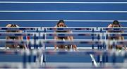 9 March 2025; Kate O'Connor of Ireland, centre, before competing in the 60m hurdles event of the women's pentathlon during day four of the European Athletics Indoor Championships 2025 at the Omnisport Apeldoorn in Apeldoorn, Netherlands. Photo by Sam Barnes/Sportsfile