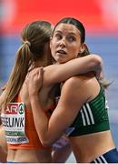 9 March 2025; Kate O'Connor of Ireland, right, Marijke Esselink of Netherlands after competing in the 60m hurdles event of the women's pentathlon during day four of the European Athletics Indoor Championships 2025 at the Omnisport Apeldoorn in Apeldoorn, Netherlands. Photo by Sam Barnes/Sportsfile