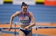 9 March 2025; Jade O'Dowda of Great Britain competes in the 60m hurdles of the women's pentathlon during day four of the European Athletics Indoor Championships 2025 at the Omnisport Apeldoorn in Apeldoorn, Netherlands. Photo by Sam Barnes/Sportsfile