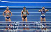 9 March 2025; Kate O'Connor of Ireland, centre, before competing in the 60m hurdles event of the women's pentathlon during day four of the European Athletics Indoor Championships 2025 at the Omnisport Apeldoorn in Apeldoorn, Netherlands. Photo by Sam Barnes/Sportsfile