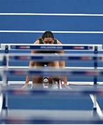 9 March 2025; Kate O'Connor of Ireland competes in the 60m hurdles event of the women's pentathlon during day four of the European Athletics Indoor Championships 2025 at the Omnisport Apeldoorn in Apeldoorn, Netherlands. Photo by Sam Barnes/Sportsfile