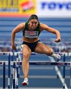 9 March 2025; Kate O'Connor of Ireland competes in the 60m hurdles event of the women's pentathlon during day four of the European Athletics Indoor Championships 2025 at the Omnisport Apeldoorn in Apeldoorn, Netherlands. Photo by Sam Barnes/Sportsfile