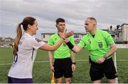 8 March 2025; Kylie Murphy of Wexford and referee Jason Moore shake hands before the SSE Airtricity Women's Premier Division match between Athlone Town and Wexford at Athlone Town Stadium in Westmeath. Photo by Thomas Flinkow/Sportsfile *