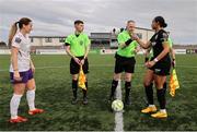 8 March 2025; Izzy Groves of Athlone Town and referee Jason Moore shake hands before the SSE Airtricity Women's Premier Division match between Athlone Town and Wexford at Athlone Town Stadium in Westmeath. Photo by Thomas Flinkow/Sportsfile *