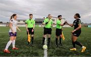 8 March 2025; Izzy Groves of Athlone Town and first assistant referee Endrit Malaveci shake hands before the SSE Airtricity Women's Premier Division match between Athlone Town and Wexford at Athlone Town Stadium in Westmeath. Photo by Thomas Flinkow/Sportsfile *