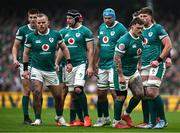 8 March 2025; Ireland players, from left, Sam Prendergast, Finlay Bealham, Caelan Doris, Tadhg Beirne, Andrew Porter and Joe McCarthy during the Guinness Six Nations Rugby Championship match between Ireland and France at the Aviva Stadium in Dublin. Photo by Seb Daly/Sportsfile