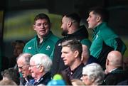 8 March 2025; Ireland players Tadhg Furlong, Rónan Kelleher and Gus McCarthy before the Guinness Six Nations Rugby Championship match between Ireland and France at the Aviva Stadium in Dublin. Photo by Seb Daly/Sportsfile