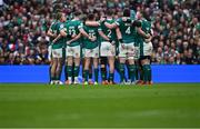 8 March 2025; Ireland players huddle before the Guinness Six Nations Rugby Championship match between Ireland and France at the Aviva Stadium in Dublin. Photo by Seb Daly/Sportsfile