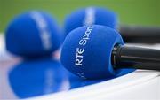 8 March 2025; RTÉ Sport branded microphone covers before the Guinness Six Nations Rugby Championship match between Ireland and France at the Aviva Stadium in Dublin. Photo by Seb Daly/Sportsfile