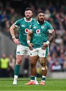 8 March 2025; Ireland players Robbie Henshaw, left, and Bundee Aki during the Guinness Six Nations Rugby Championship match between Ireland and France at the Aviva Stadium in Dublin. Photo by Seb Daly/Sportsfile