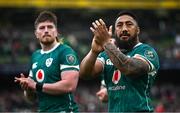 8 March 2025; Ireland players Bundee Aki, right, and Joe McCarthy after the Guinness Six Nations Rugby Championship match between Ireland and France at the Aviva Stadium in Dublin. Photo by Seb Daly/Sportsfile