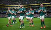 8 March 2025; Ireland players, from left, Josh van der Flier, Joe McCarthy, Tadhg Beirne, Jack Crowley and James Ryan after the Guinness Six Nations Rugby Championship match between Ireland and France at the Aviva Stadium in Dublin. Photo by Seb Daly/Sportsfile