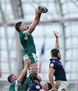 8 March 2025; Joe McCarthy of Ireland takes a lineout ball ahead of François Cros of France during the Guinness Six Nations Rugby Championship match between Ireland and France at the Aviva Stadium in Dublin. Photo by Brendan Moran/Sportsfile Photo by Brendan Moran/Sportsfile