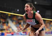 9 March 2025; Kate O'Connor of Ireland celebrates after a jumping a new personal best of 1.84m in the high jump event of the women's pentathlon during day four of the European Athletics Indoor Championships 2025 at the Omnisport Apeldoorn in Apeldoorn, Netherlands. Photo by Sam Barnes/Sportsfile