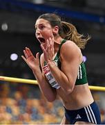 9 March 2025; Kate O'Connor of Ireland celebrates after a jumping a new personal best of 1.84m in the high jump event of the women's pentathlon during day four of the European Athletics Indoor Championships 2025 at the Omnisport Apeldoorn in Apeldoorn, Netherlands. Photo by Sam Barnes/Sportsfile