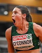 9 March 2025; Kate O'Connor of Ireland celebrates after a jumping a new personal best of 1.84m in the high jump event of the women's pentathlon during day four of the European Athletics Indoor Championships 2025 at the Omnisport Apeldoorn in Apeldoorn, Netherlands. Photo by Sam Barnes/Sportsfile