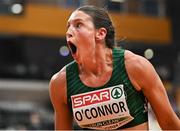 9 March 2025; Kate O'Connor of Ireland celebrates after a jumping a new personal best of 1.84m in the high jump event of the women's pentathlon during day four of the European Athletics Indoor Championships 2025 at the Omnisport Apeldoorn in Apeldoorn, Netherlands. Photo by Sam Barnes/Sportsfile