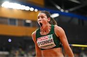 9 March 2025; Kate O'Connor of Ireland celebrates after a jumping a new personal best of 1.84m in the high jump event of the women's pentathlon during day four of the European Athletics Indoor Championships 2025 at the Omnisport Apeldoorn in Apeldoorn, Netherlands. Photo by Sam Barnes/Sportsfile