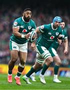 8 March 2025; Bundee Aki of Ireland during the Guinness Six Nations Rugby Championship match between Ireland and France at the Aviva Stadium in Dublin. Photo by Brendan Moran/Sportsfile Photo by Brendan Moran/Sportsfile