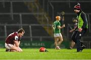 8 March 2025; Conor Whelan of Galway awaits medical attention for an injury during the Allianz Hurling League Division 1A match between Limerick and Galway at TUS Gaelic Grounds in Limerick. Photo by Piaras Ó Mídheach/Sportsfile