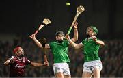 8 March 2025; Conor Whelan of Galway in action against Barry Murphy, centre, and William O'Donoghue of Limerick during the Allianz Hurling League Division 1A match between Limerick and Galway at TUS Gaelic Grounds in Limerick. Photo by Piaras Ó Mídheach/Sportsfile