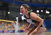 9 March 2025; Kate O'Connor of Ireland celebrates after a jumping a new personal best of 1.84m in the high jump event of the women's pentathlon during day four of the European Athletics Indoor Championships 2025 at the Omnisport Apeldoorn in Apeldoorn, Netherlands. Photo by Sam Barnes/Sportsfile