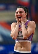 9 March 2025; Jade O'Dowda of Great Britain celebrates a clearance in the high jump event of the women's pentathlon during day four of the European Athletics Indoor Championships 2025 at the Omnisport Apeldoorn in Apeldoorn, Netherlands. Photo by Sam Barnes/Sportsfile