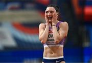 9 March 2025; Jade O'Dowda of Great Britain celebrates a clearance in the high jump event of the women's pentathlon during day four of the European Athletics Indoor Championships 2025 at the Omnisport Apeldoorn in Apeldoorn, Netherlands. Photo by Sam Barnes/Sportsfile