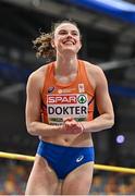 9 March 2025; Sofie Dokter of Netherlands celebrates a clearance in the high jump event of the women's pentathlon during day four of the European Athletics Indoor Championships 2025 at the Omnisport Apeldoorn in Apeldoorn, Netherlands. Photo by Sam Barnes/Sportsfile