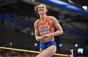 9 March 2025; Sofie Dokter of Netherlands celebrates a clearance in the high jump event of the women's pentathlon during day four of the European Athletics Indoor Championships 2025 at the Omnisport Apeldoorn in Apeldoorn, Netherlands. Photo by Sam Barnes/Sportsfile