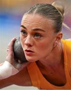 8 March 2025; Lovisa Karlsson of Sweden competes in the shot put event of the women's pentathlon during day three of the European Athletics Indoor Championships 2025 at the Omnisport Apeldoorn in Apeldoorn, Netherlands. Photo by Sam Barnes/Sportsfile