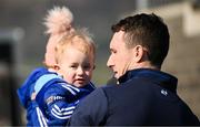 9 March 2025; Willie Dunphy of Laois, with his son Dáithí, aged 1, before the Allianz Hurling League Division 1B match between Antrim and Laois at Corrigan Park in Belfast. Photo by Ramsey Cardy/Sportsfile