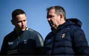 9 March 2025; Antrim manager Davy Fitzgerald, right, and coach Arron Graffin before the Allianz Hurling League Division 1B match between Antrim and Laois at Corrigan Park in Belfast. Photo by Ramsey Cardy/Sportsfile