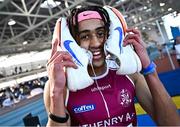 9 March 2025; Sean Doggett of Athenry AC, Galway, celebrate after competing in the mens 400m heats during the 123.ie National U20 & U23 Indoor Championships at the TUS International arena in Athlone, Westmeath. Photo by Tyler Miller/Sportsfile