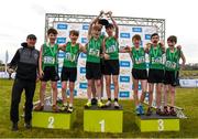 8 March 2025; St Malachys Belfast celebrate with the cup after winning the Junior Boys 3,500m team event during the 123.ie All Ireland Schools Cross Country Championships at Galway Racecourse in Ballybrit, Galway. Photo by Tom Beary/Sportsfile